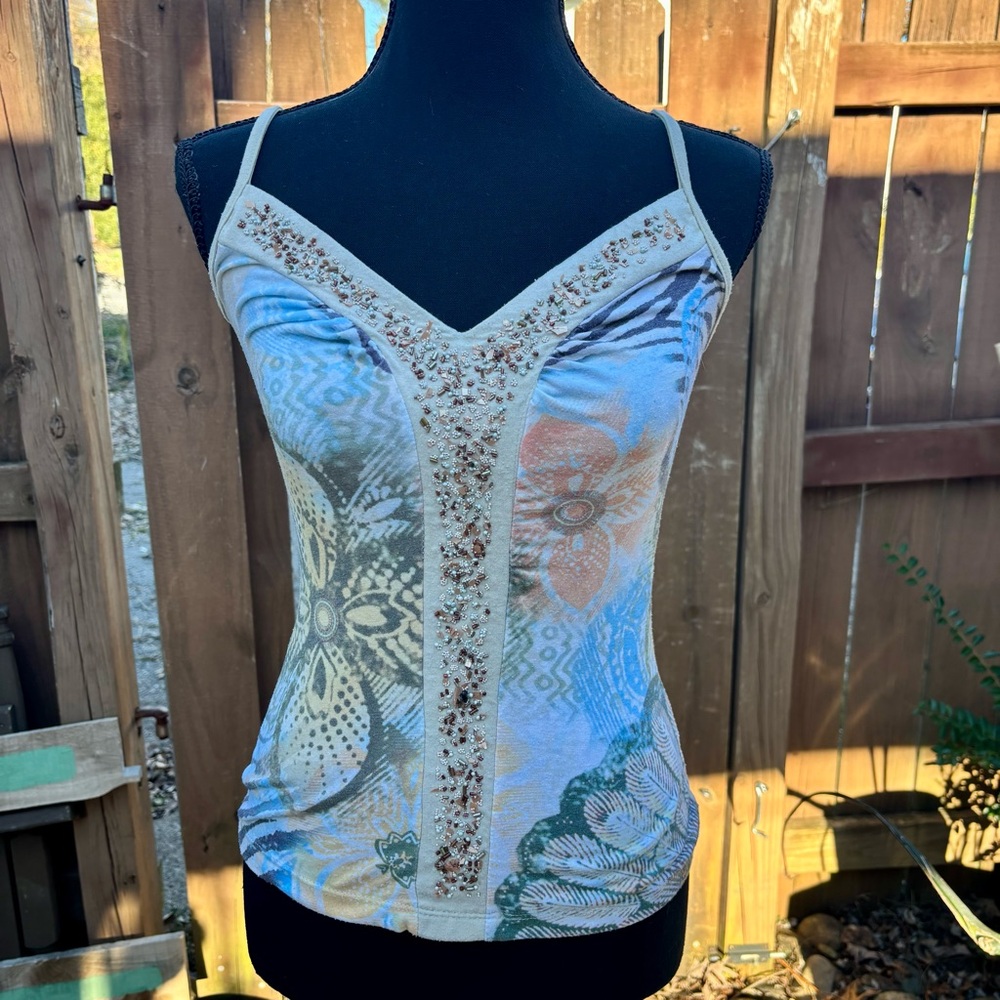 XOXO Vintage Nude Beaded Tank Top Floral Print Y2K Size Medium - Picture 15 of 16